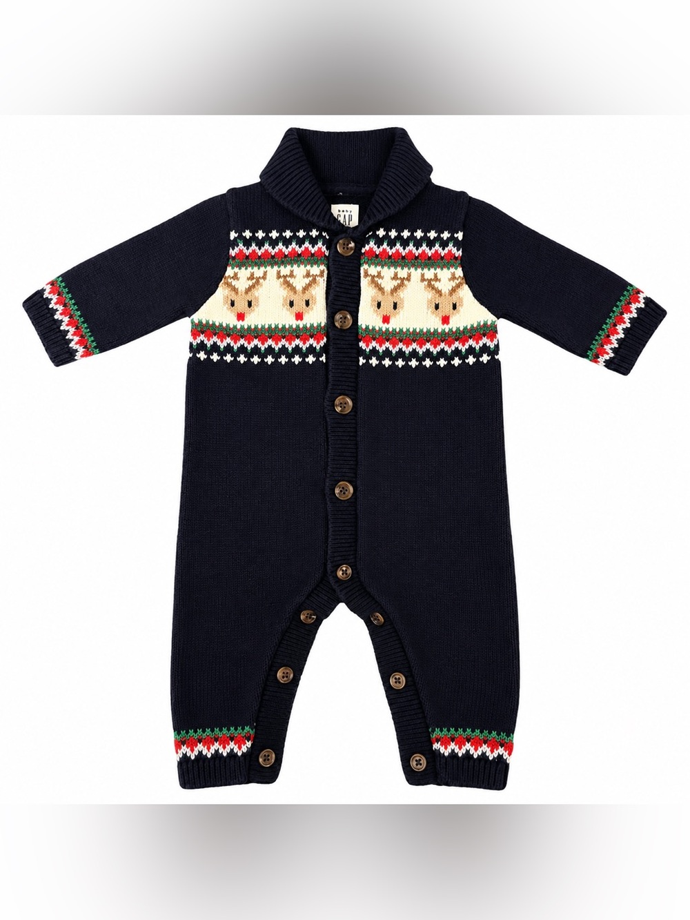 Baby Gap Boy Sweater Romper 0-3M First Christmas Reindeer Fair Isle Knit Rudolph